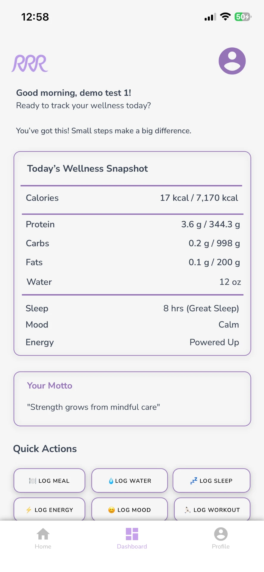 Realizer dashboard showing Today's Wellness Snapshot with calories, protein, carbs, fats, water, sleep, mood, energy, Your Motto, and Quick Actions.