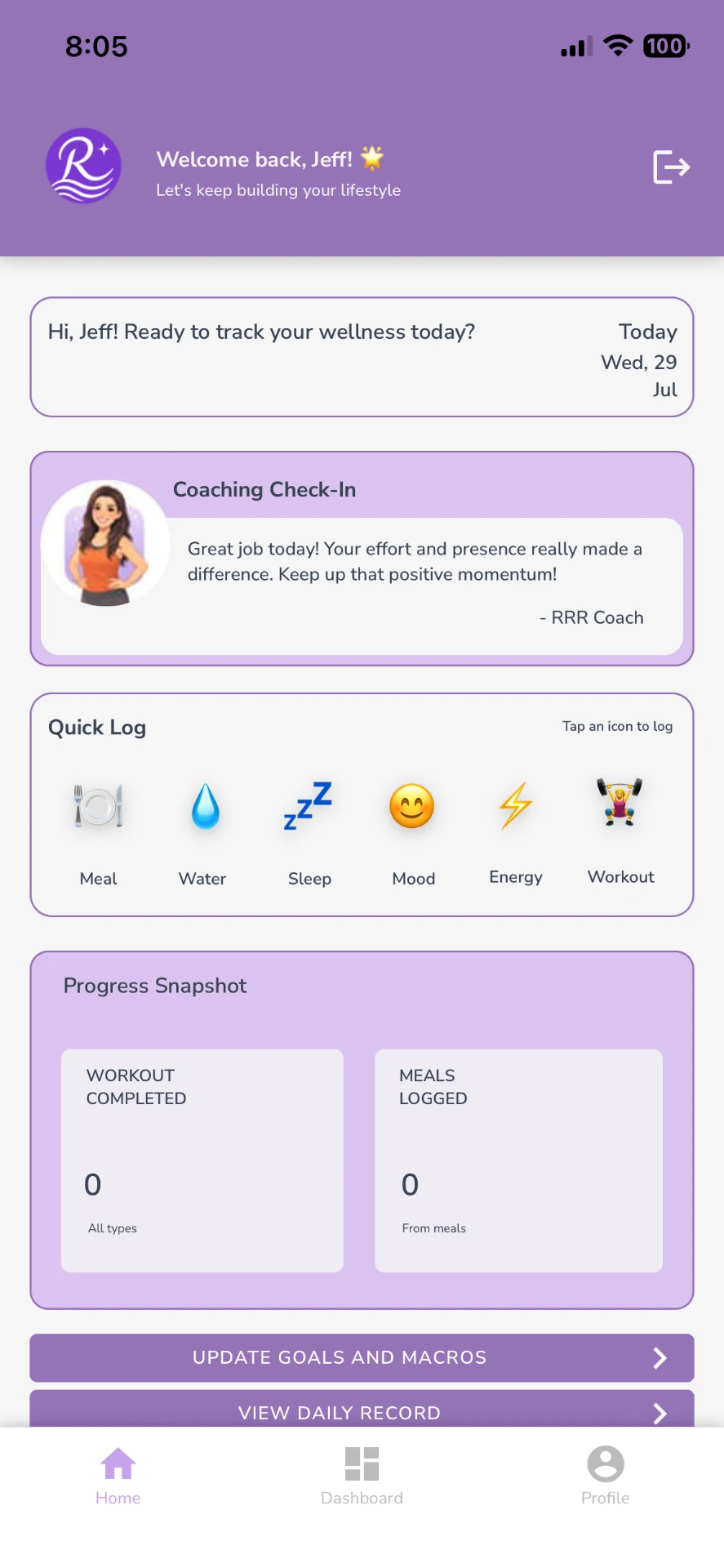 Realizer app home screen showing the daily check-in, quick log icons for meals, water, sleep, mood, energy, and workouts, plus progress snapshot and coaching check-in.